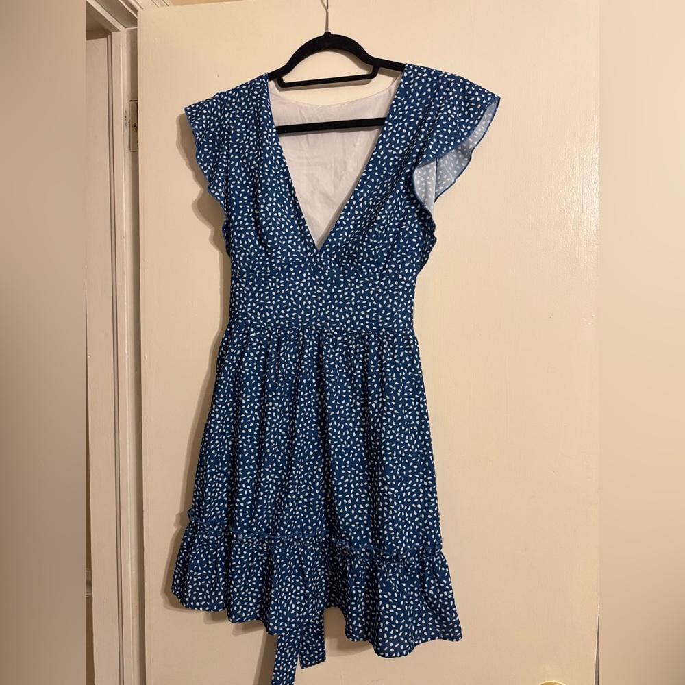 Blue Polka Dot Dress with Ruffle Sleeves